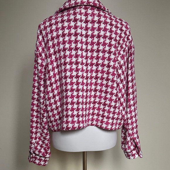 ZARA Pink White Houndstooth Tweed Cropped Blazer Jacket with Rhinestone Buttons - Picture 5 of 6